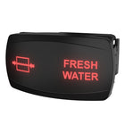 Carling Technologies Fresh Water illuminated rocker switch, angled front view showing red legend and rear clip.
