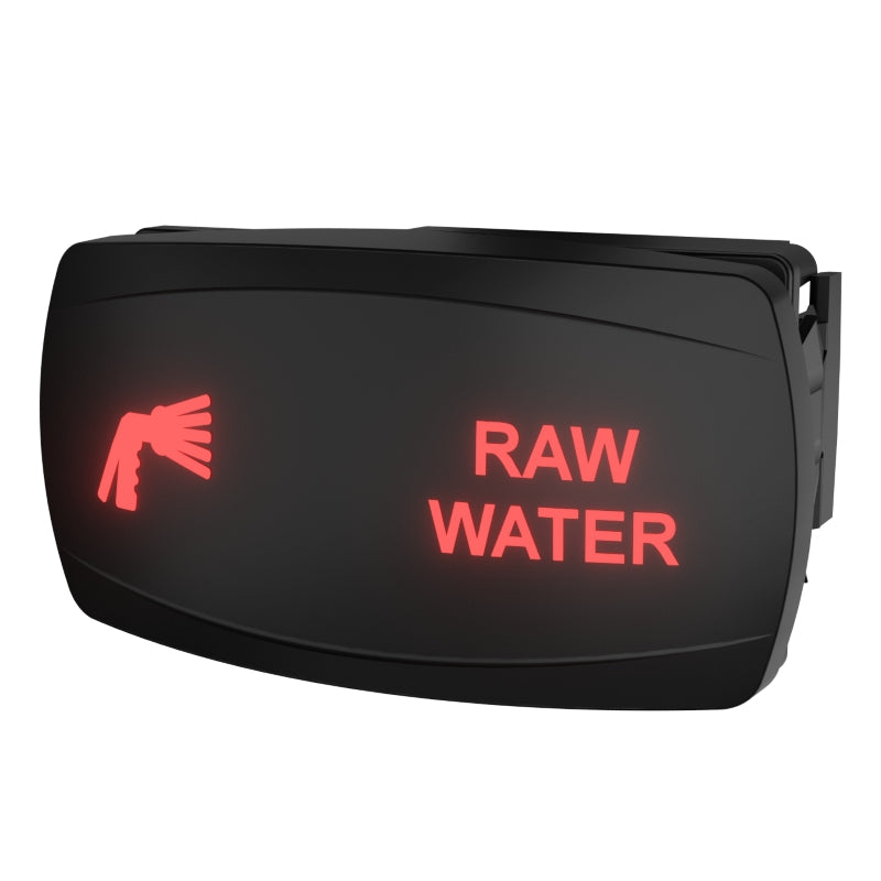 Angled front view of illuminated RAW WATER rocker switch with red water-spray icon and side mounting clips