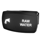 RAW WATER illuminated rocker switch, angled side view showing lit legend, spray icon and rear mounting clip.