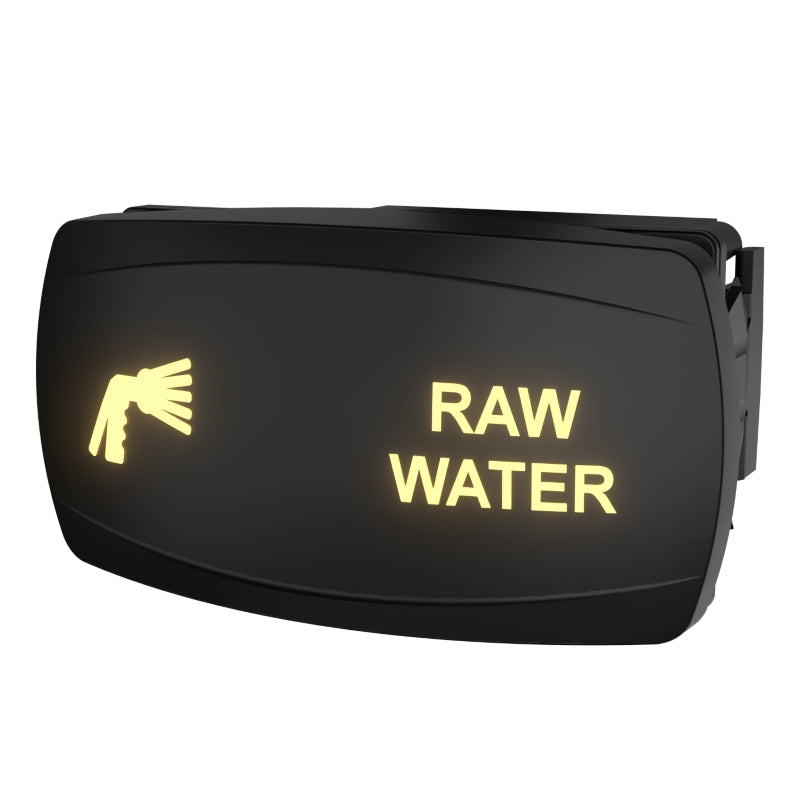 Carling RAW WATER illuminated rocker switch, front-angle showing lit legend, icon and side mounting clip