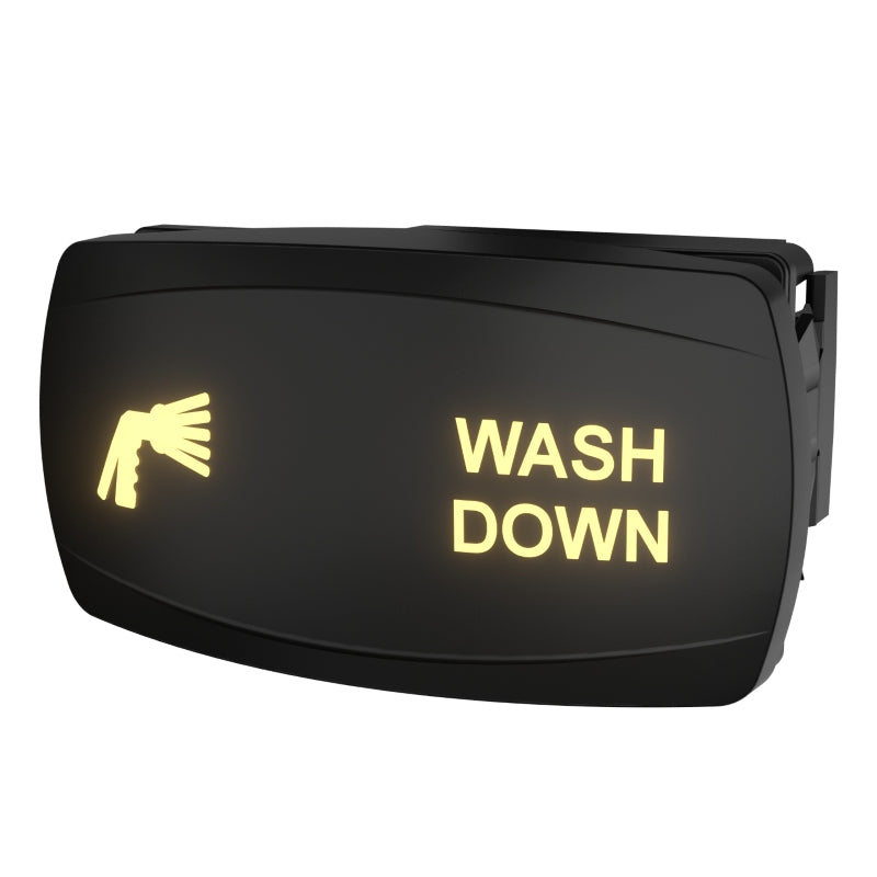 Angled front-right view of black illuminated rocker switch with WASH DOWN label, spray icon and rear connector