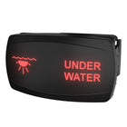 Angled view of illuminated rocker switch labeled "UNDER WATER" showing red light icon and rear mounting clip