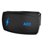 Angled front-side view of black ACC switch with blue lightning icon and label lit, rear mounting clip visible