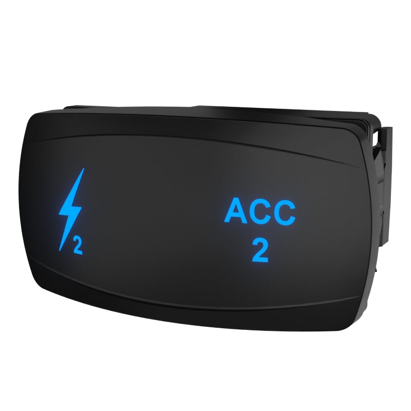ACC 2 rocker switch, angled front-right view with blue illuminated 'ACC 2' text, lightning icon, and side clip