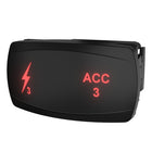 Carling ACC 3 illuminated rocker switch, angled side/rear view showing red backlit labels and rear connector.