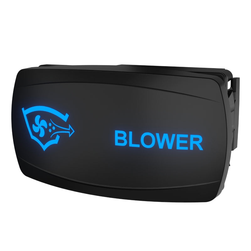 Black Carling blower rocker switch, angled front view showing illuminated blue fan icon and BLOWER label