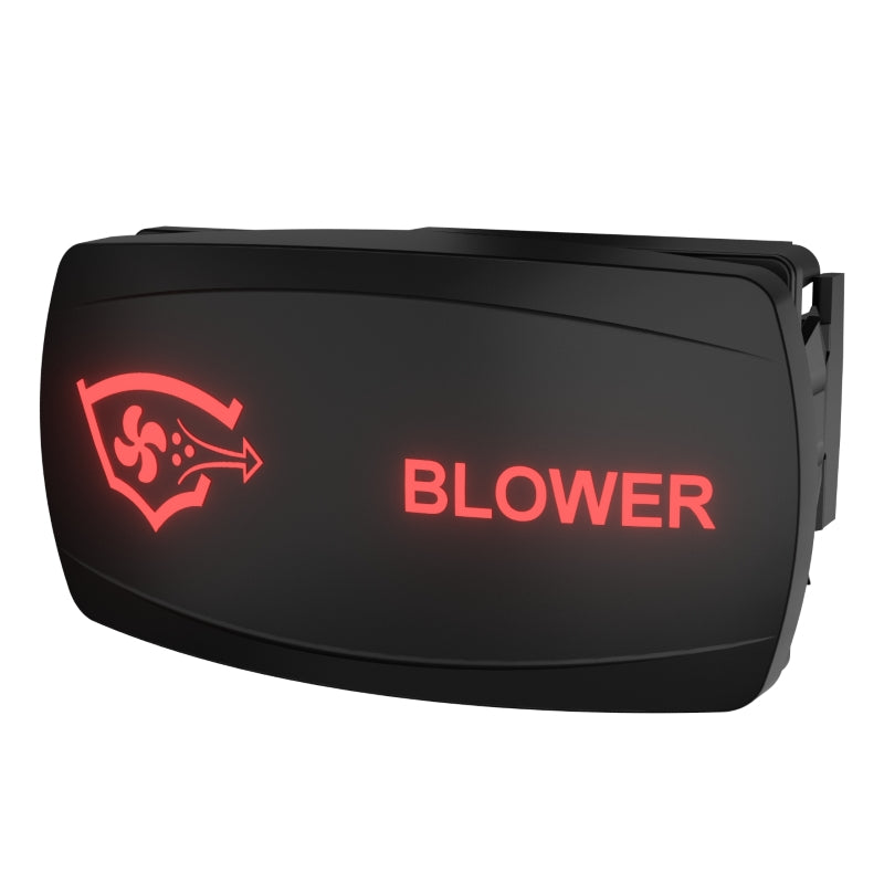 Angled front-right view of illuminated red BLOWER rocker switch showing fan icon and mounting clip