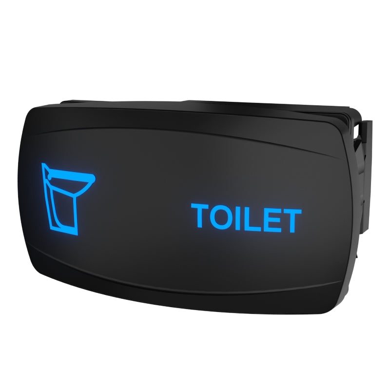 Carling Technologies toilet rocker switch, front-angled view with illuminated blue icon and visible side mounting clip
