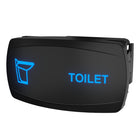 Carling Technologies toilet rocker switch, front-angled view with illuminated blue icon and visible side mounting clip