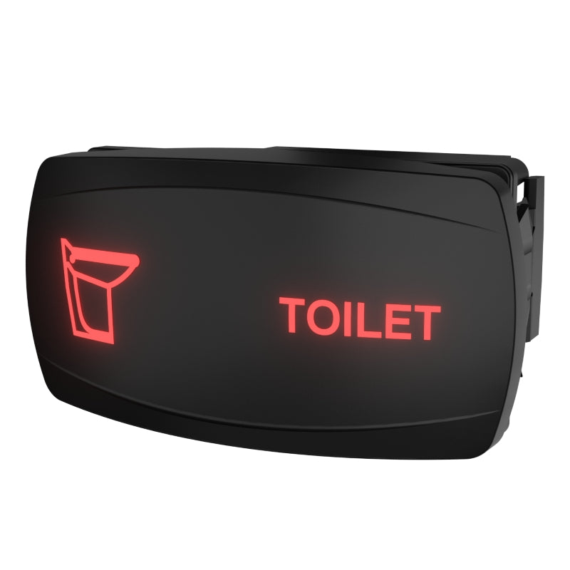 Carling illuminated toilet rocker switch, angled view shows red icon, 'TOILET' legend and mounting clip.