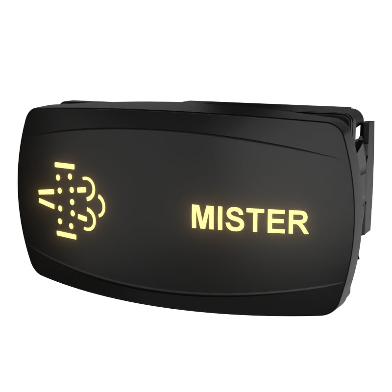 Angled front-right view of MISTER rocker switch, illuminated 'MISTER' label and mist icon; rear clip visible.