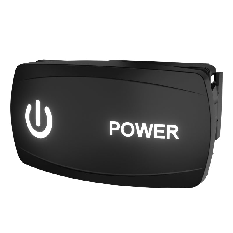 Carling illuminated power rocker switch, front-right angle, lit power icon, "POWER" label and side clip