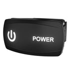 Carling illuminated power rocker switch, front-right angle, lit power icon, "POWER" label and side clip