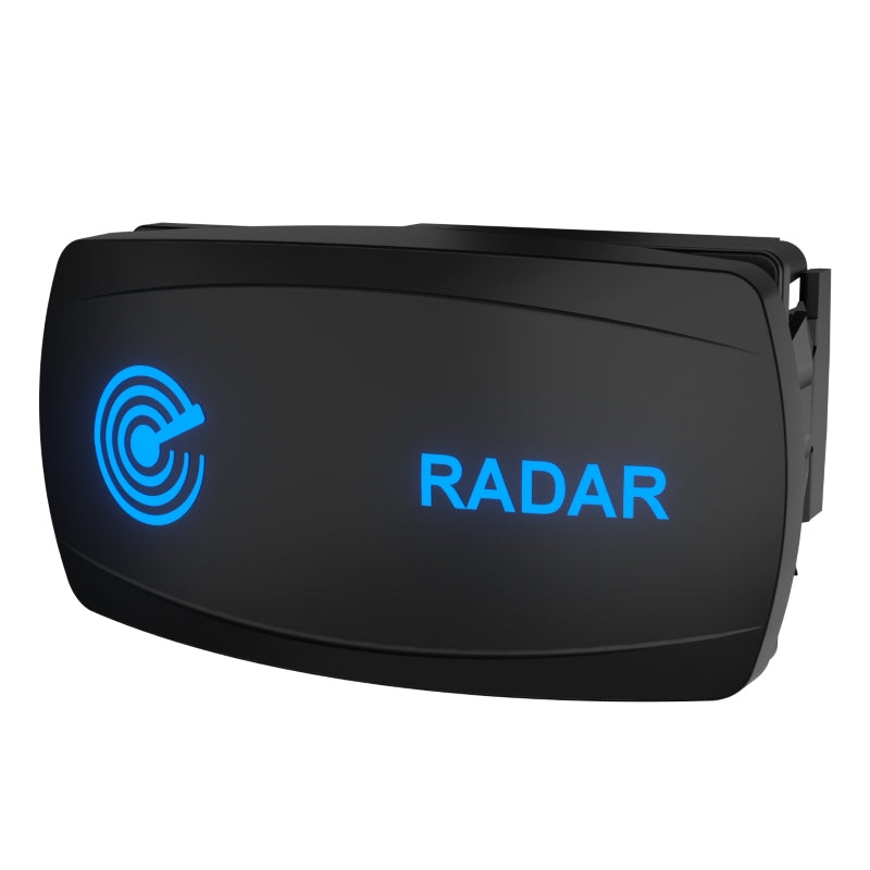 Carling radar rocker switch, angled front view showing blue illuminated radar icon, label and mounting clip.