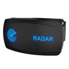 Carling radar rocker switch, angled front view showing blue illuminated radar icon, label and mounting clip.