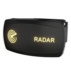 Carling RADAR illuminated rocker switch, front-angle view showing yellow icon/text and rear connector