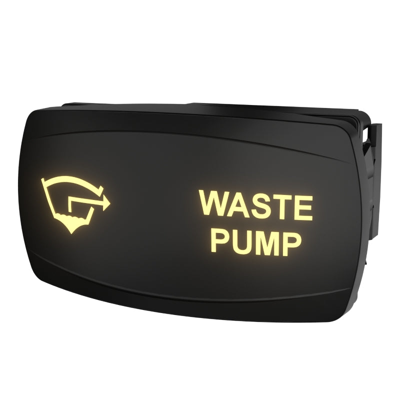 Rocker-style waste pump switch with illuminated "WASTE PUMP" text and icon, angled view showing connector.
