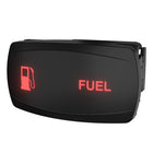 Angled front view of illuminated FUEL rocker with red "FUEL" text, fuel pump icon and rear mounting clip
