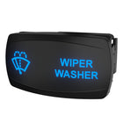 Wiper washer switch, angled front-right view showing illuminated blue icon/text and side connector.