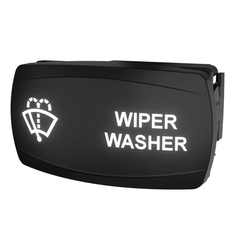 Wiper washer rocker switch front view at slight angle showing illuminated legend and right-side mounting clip