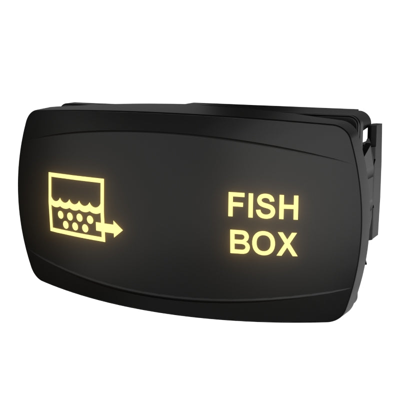 Angled front-right view of illuminated FISH BOX rocker switch, showing icon legend and rear mounting clip