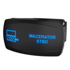 Front-angled view of illuminated rocker switch labeled 'MACERATOR STBD' with icon, showing side mounting clip.