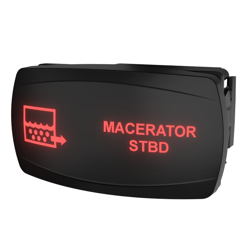 Angled view of a rocker switch labeled 'MACERATOR STBD' with illuminated icon and rear mounting clip