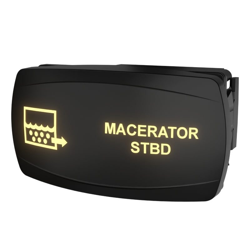 Angled front view of illuminated MACERATOR STBD rocker switch with icon and visible right-side mounting clip