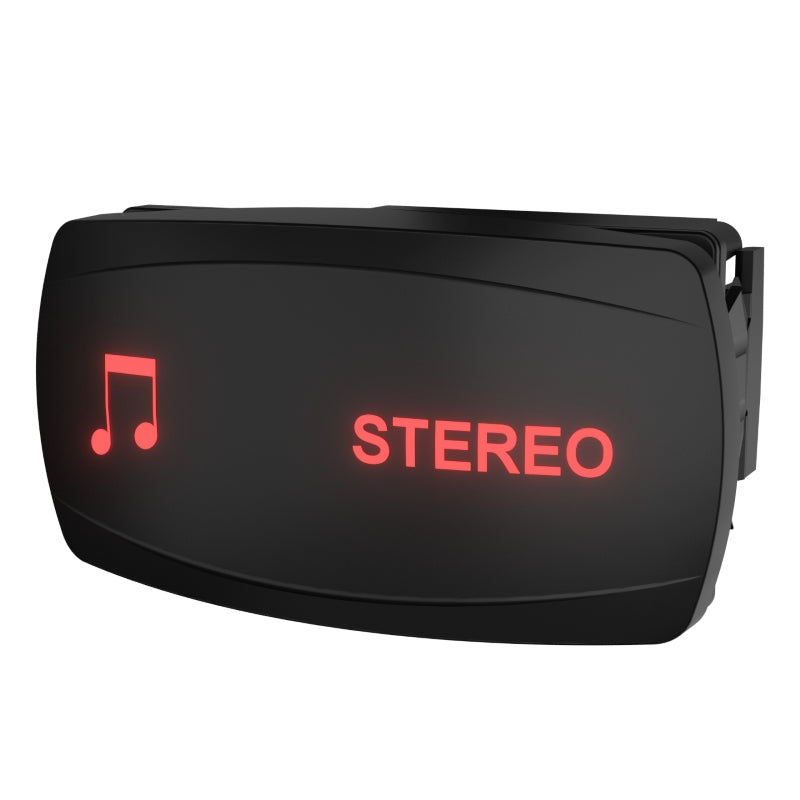 Front-angled view of black rocker switch with red illuminated STEREO and note icon; side mounting clip visible
