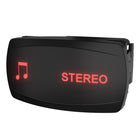 Front-angled view of black rocker switch with red illuminated STEREO and note icon; side mounting clip visible