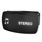 STEREO rocker switch, illuminated front legend and music note, angled to show right-side mounting clip