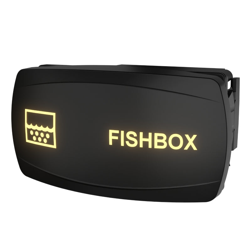 FISHBOX switch by Carling Technologies, angled front view with lit icon, label and side mounting clip