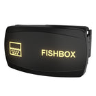 FISHBOX switch by Carling Technologies, angled front view with lit icon, label and side mounting clip
