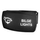 Angled front view of illuminated rocker switch labeled 'BILGE LIGHTS', shows left icon and rear connector clip.