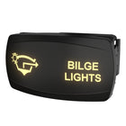 Angled front-right view of illuminated BILGE LIGHTS rocker switch, showing lit icon and rear mounting clip.