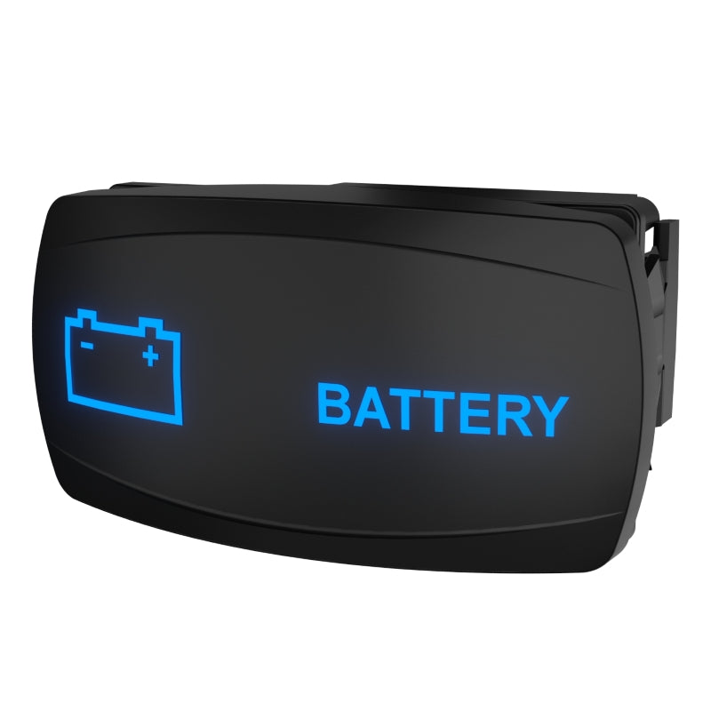 Angled front-right view of Carling Technologies illuminated rocker switch labeled BATTERY, side clip visible
