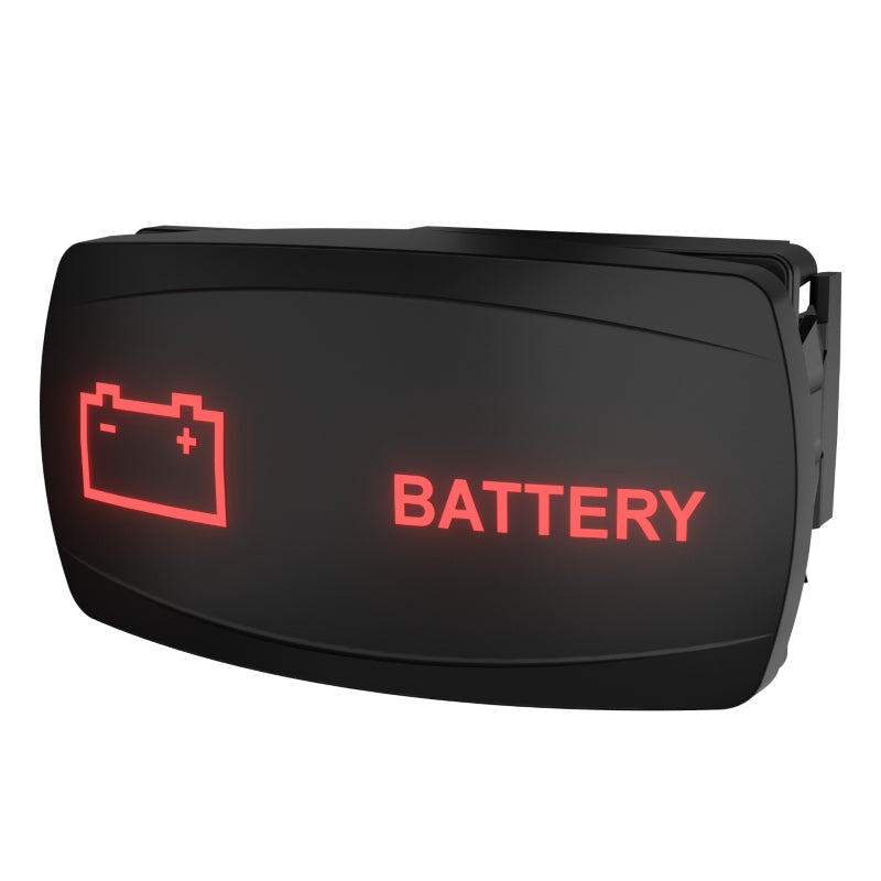 Angled front view of illuminated black rocker switch with red battery icon, 'BATTERY' label, and mounting clip