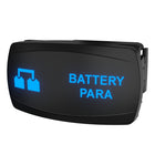 Angled front view of Battery Para rocker switch with blue backlit legend and visible side mounting clip