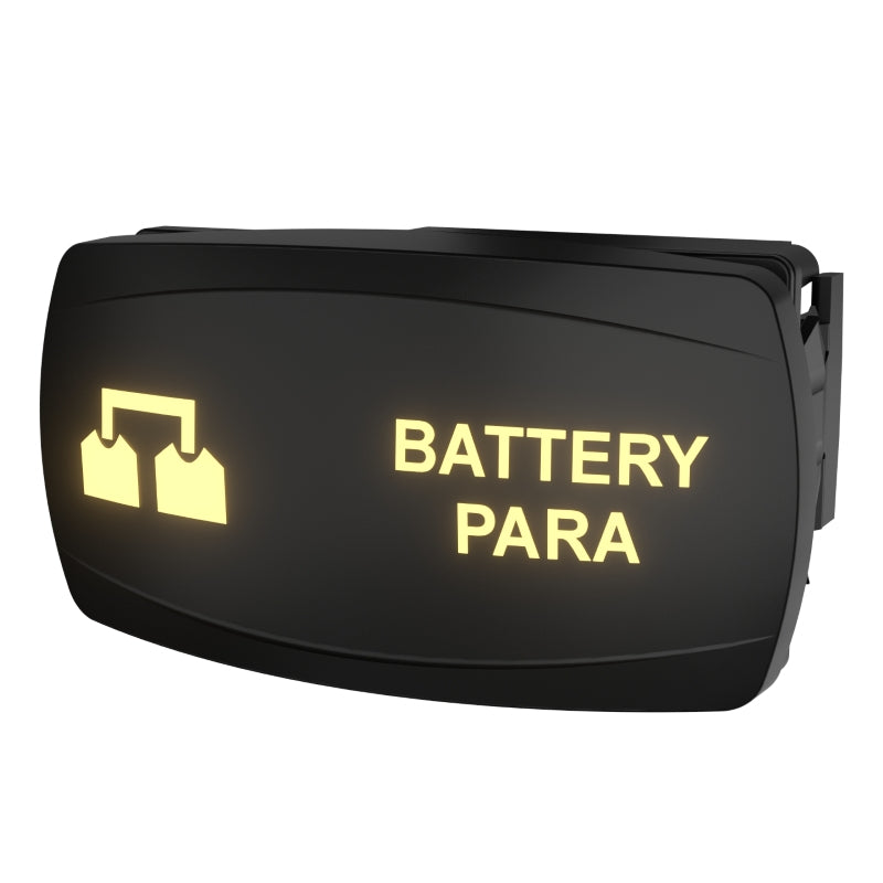 Battery Para rocker switch (Carling), angled front view showing lit legend and parallel-battery icon