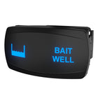 Angled front-right view of illuminated bait well switch with blue BAIT WELL label and visible rear connector