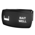 Angled front view of illuminated bait well rocker switch showing "BAIT WELL" legend and rear connector