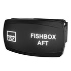 Carling FISHBOX AFT rocker switch, angled front view showing illuminated legend and side mounting clip