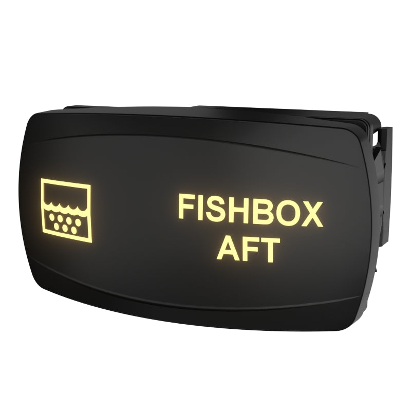 FISHBOX AFT rocker switch, angled rear-side view showing illuminated legend and exposed connector clip