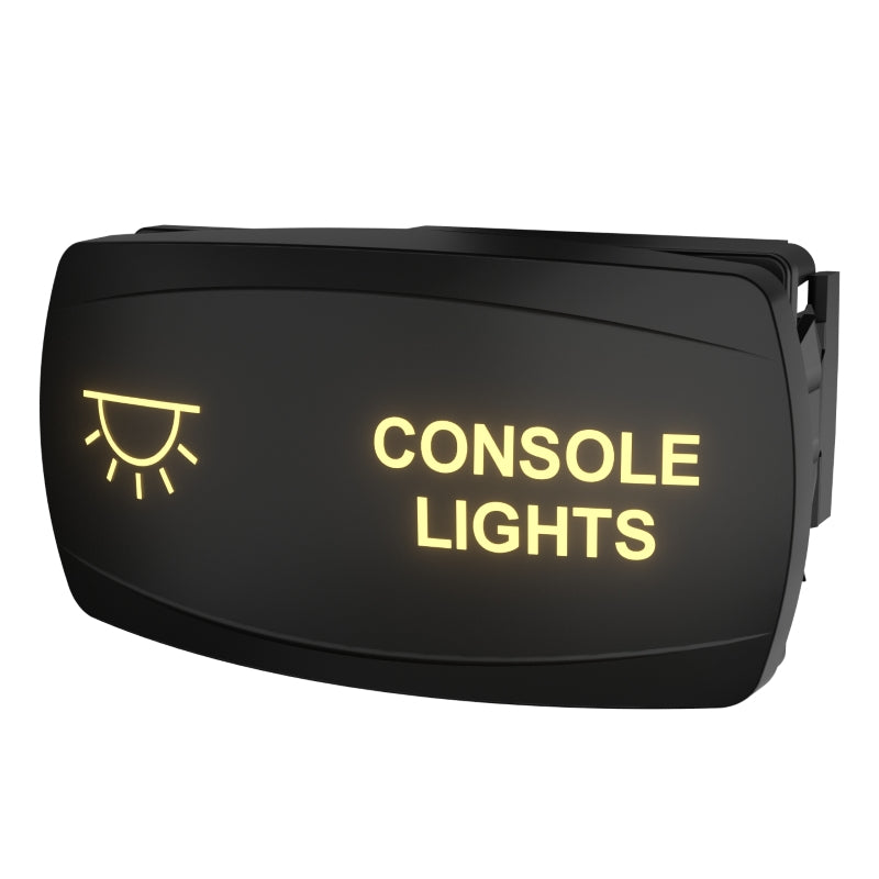 Front-angled black rocker switch with illuminated 'CONSOLE LIGHTS' label and sun icon; side connector visible