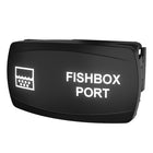 Angled side view of Fishbox Port illuminated rocker switch showing rear connector and mounting clip