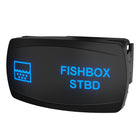Angled right-side view of Fishbox STBD switch with blue illuminated text, icon, and side mounting clip