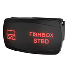 FISHBOX STBD rocker switch angled front view with red backlit legend, icon and visible rear connector.