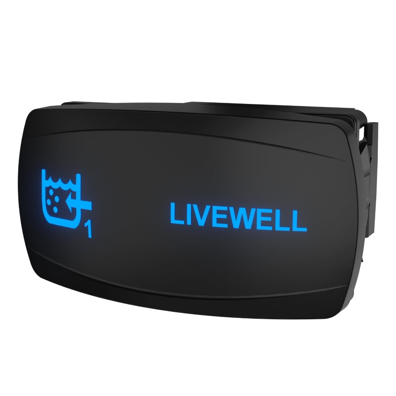 Front-right angled view of LIVEWELL illuminated rocker switch showing blue icon and rear connector housing