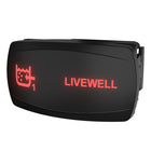 LIVEWELL 1 illuminated rocker switch, right-front angle showing red backlit label and side mounting clip.
