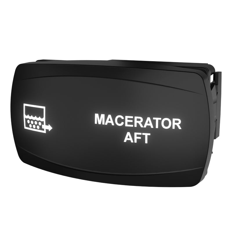 Front-angled view of Macerator Aft switch panel with illuminated legend and visible rear mounting clip